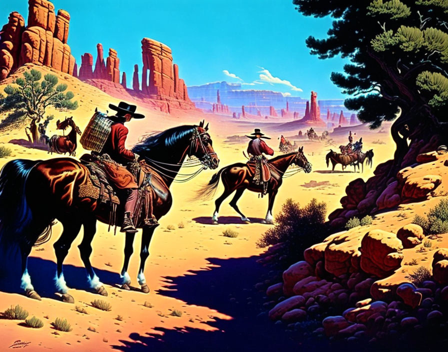 Desert cowboy scene with red sandstone formations