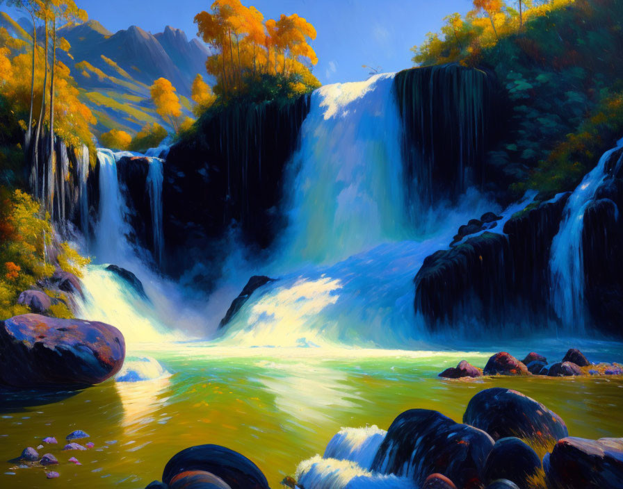 Scenic painting of autumn waterfall with sunlit glow