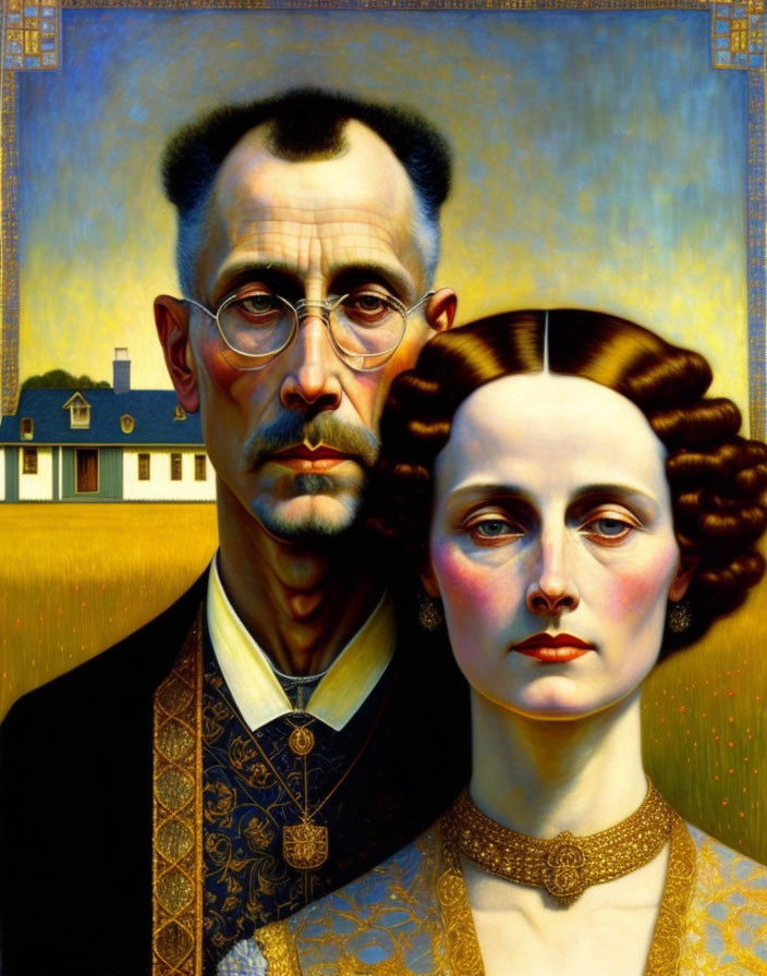 Stylized portrait of stoic couple with farmhouse backdrop