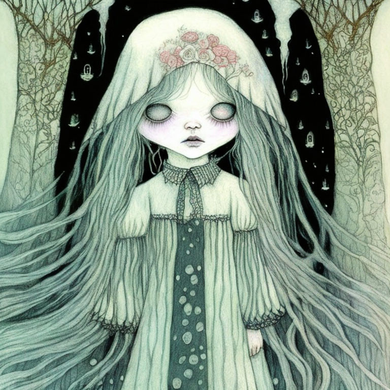 Ghostly girl with dark eyes, flower crown, vintage dress, and mysterious aura.