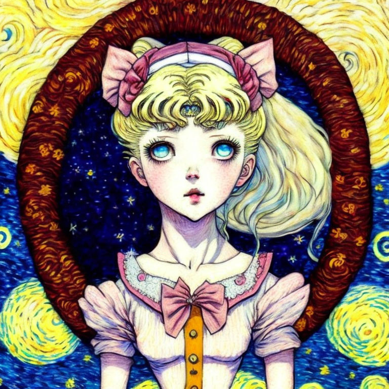 Blonde Girl with Blue Eyes in Starry Night-Inspired Frame
