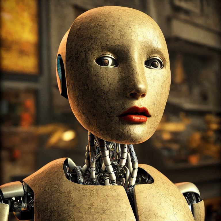 Detailed humanoid robot with metallic body and expressive facial features on blurry backdrop