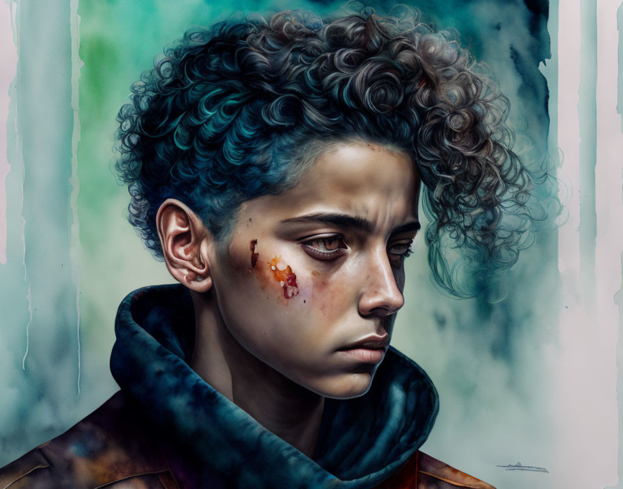 Portrait of young person with curly hair and bruised face against watercolor backdrop