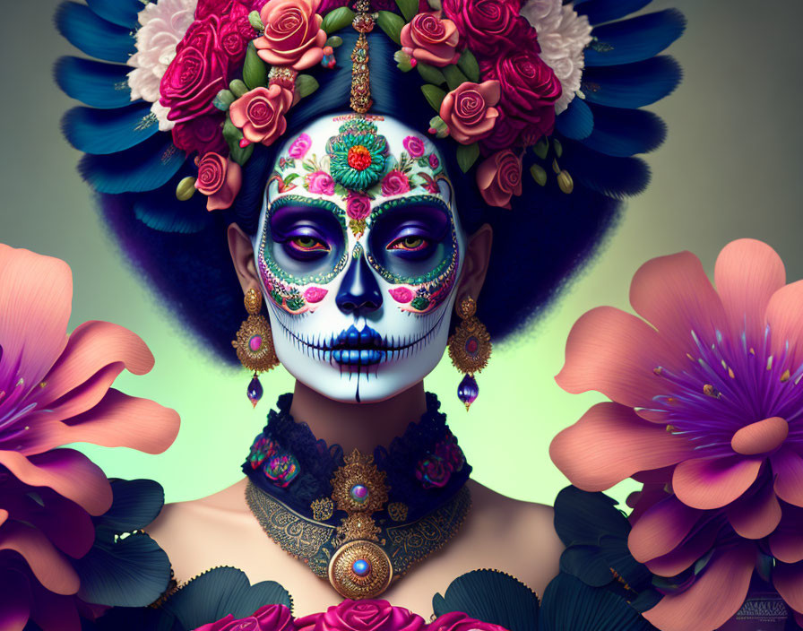 Colorful person with skull face-paint among flowers and floral accessories