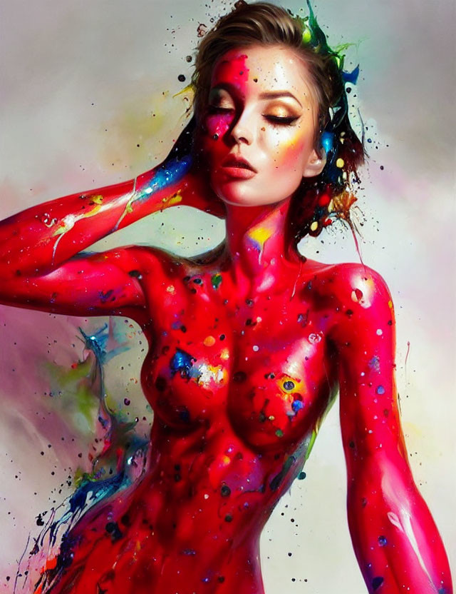 Colorful Portrait of Woman Covered in Vibrant Paint