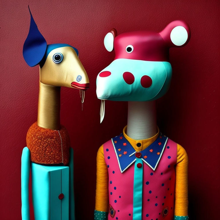 Colorful anthropomorphic figures in patterned attire on red backdrop