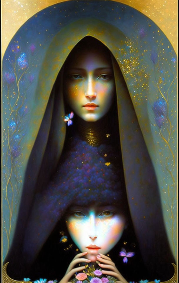 Illustration of two mystical faces in celestial cloak with flowers and orbs