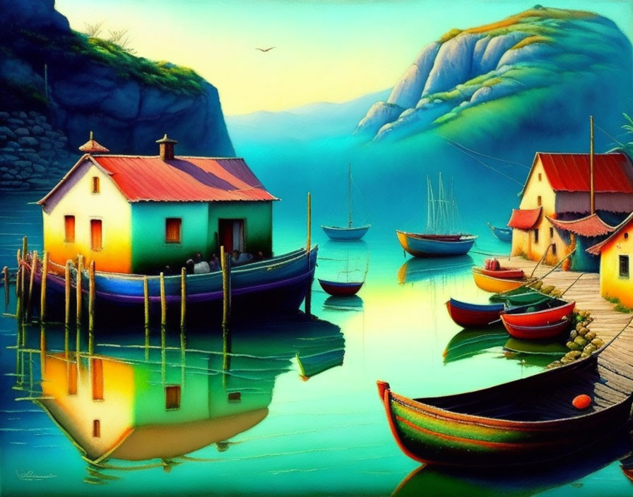 Colorful Coastal Scene: Houses, Boats, Cliffs at Dawn/Dusk