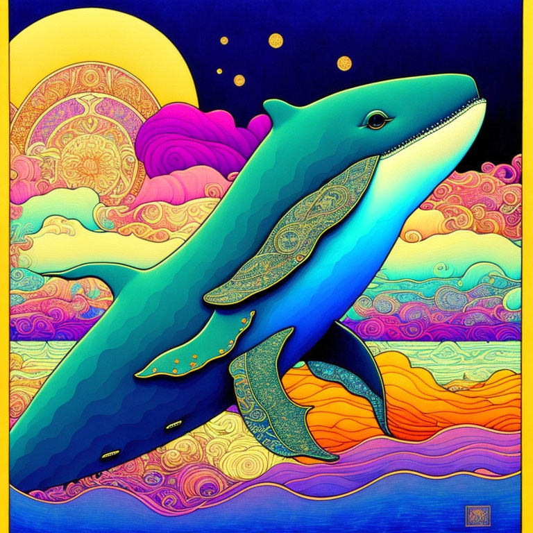 Colorful Dolphin Leaping Above Water with Sun and Waves