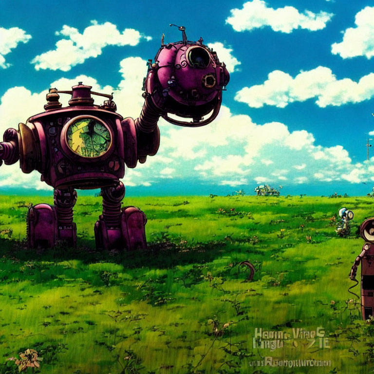 Colorful vintage robot landscape under blue skies