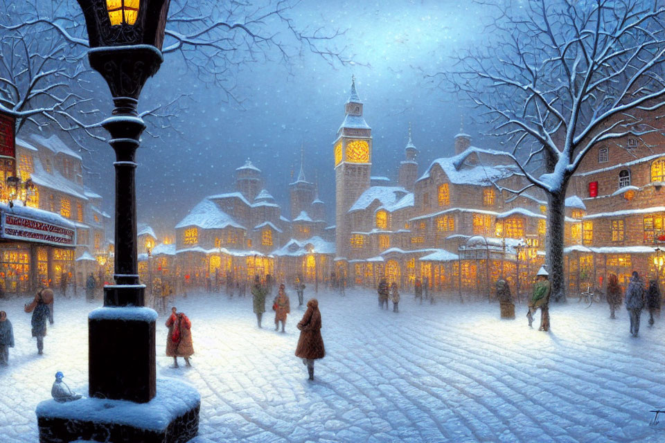 Snow-covered town square at dusk with people, warm glowing windows, and vintage street lamp