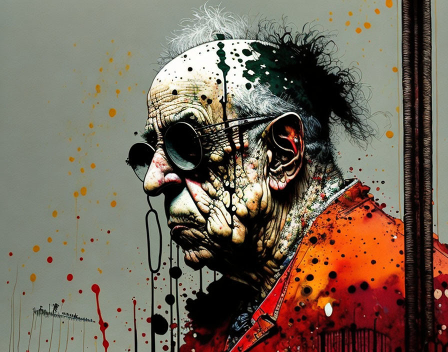 Elderly Person in Round Sunglasses with Colorful Paint Splash