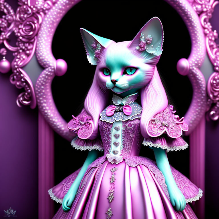 Anthropomorphic cat in pink & purple Victorian gown on gothic backdrop