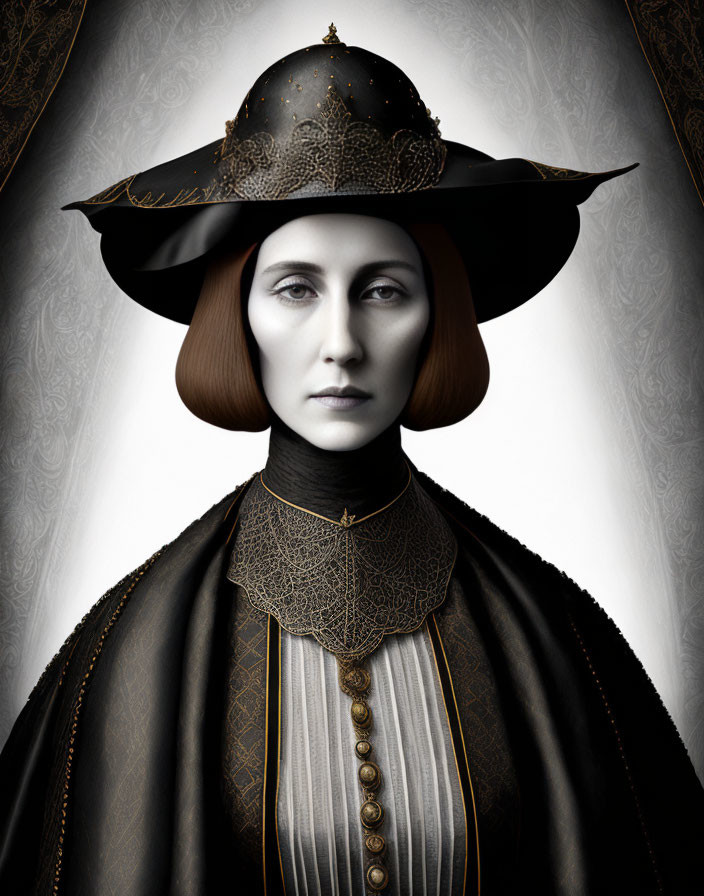 Historical woman portrait in ornate black hat and garment.