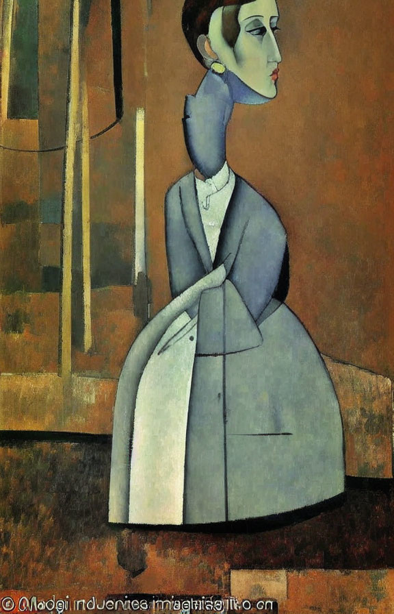 Stylized woman with long neck seated in muted colors and geometric shapes