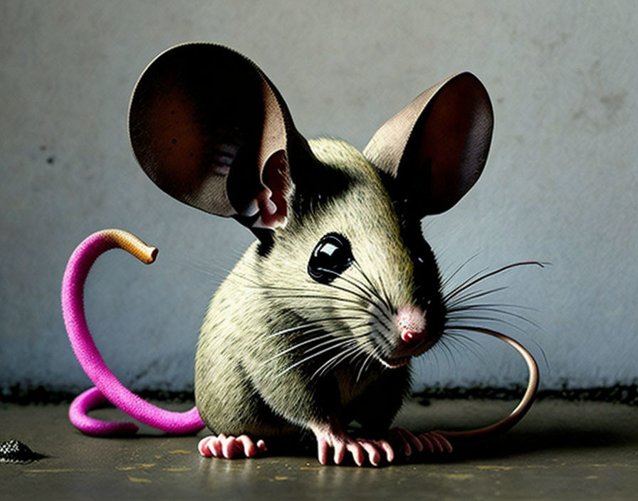 Cartoonish Mouse Artwork with Oversized Ears and Pink Tail