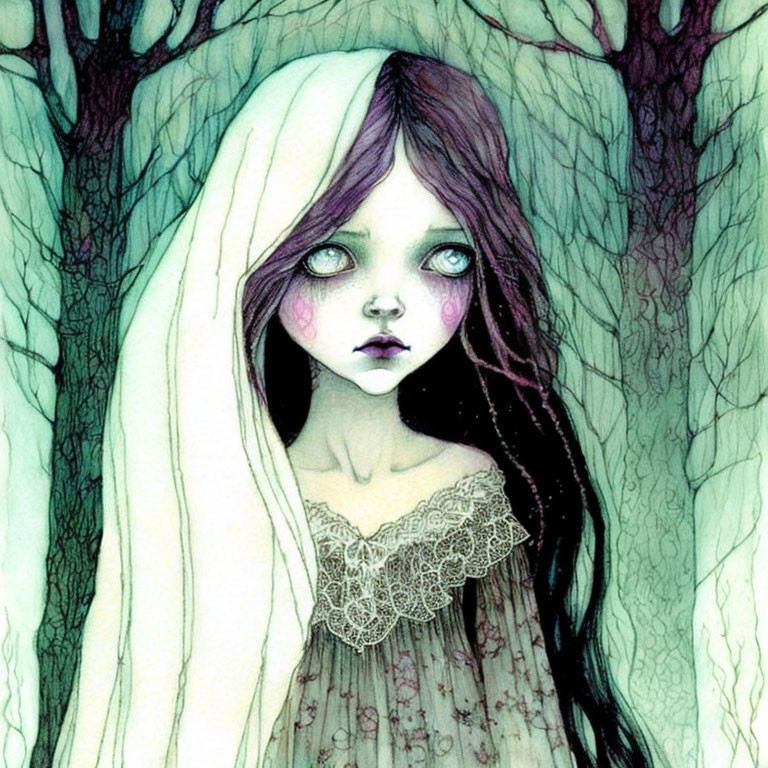 Ghostly girl with large, sad eyes in dark forest