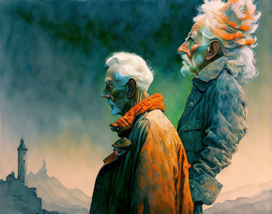 Elderly Men with White Hair and Beards in Serene Landscape