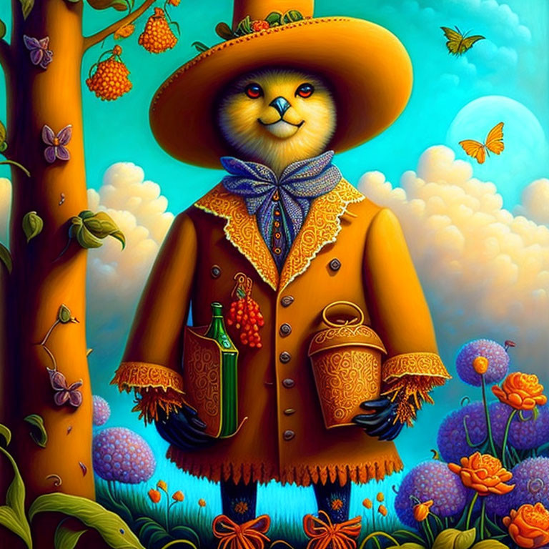 Anthropomorphic cat in hat and coat with lantern and bottle in colorful nature scene