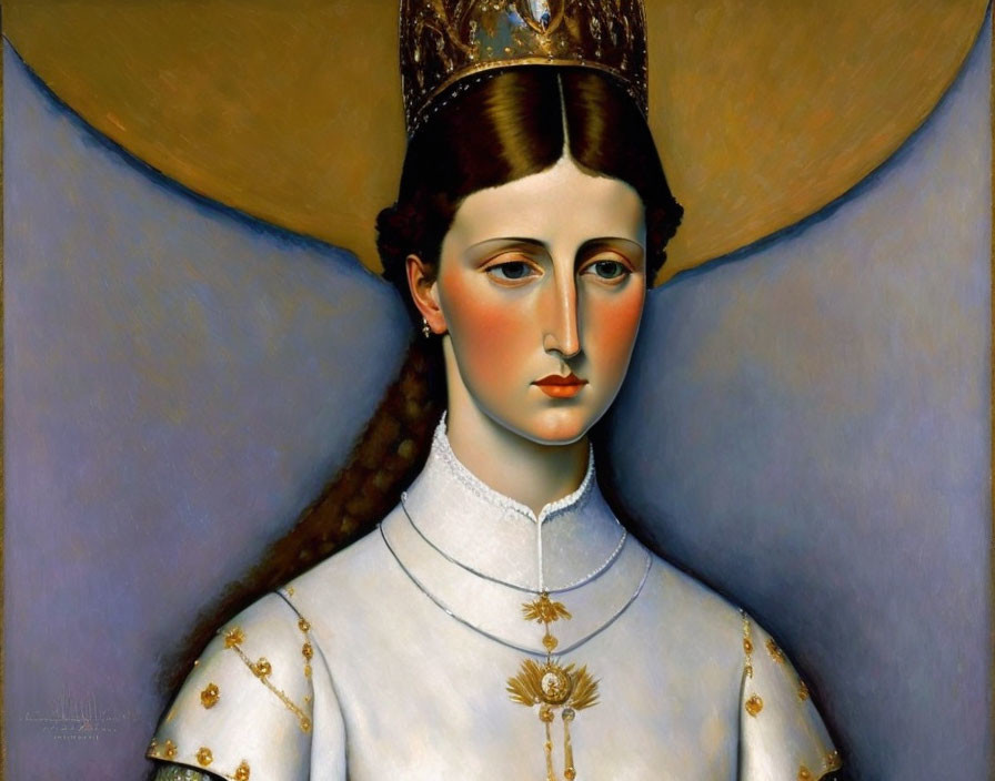 Portrait of woman with pale skin and dark hair in white dress and crown on blue background