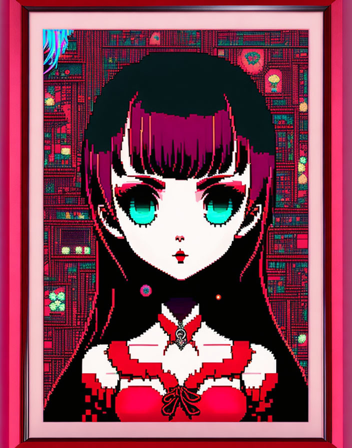 Anime-style girl pixel art with green eyes and black cloak in red and pink frame