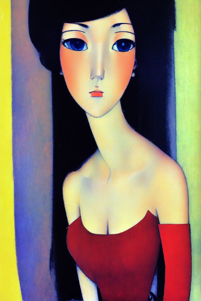 Stylized portrait of female figure in red top against colorful backdrop