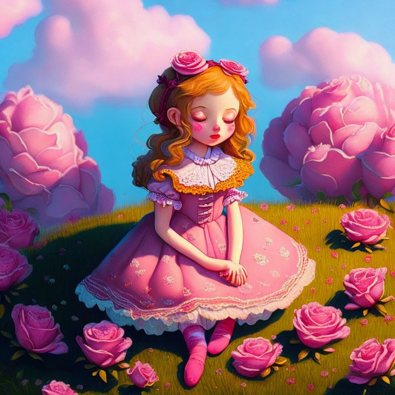 Illustrated girl with golden hair among giant pink roses under blue sky in pink and white dress.