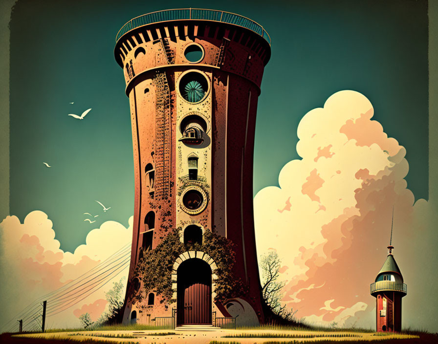 Illustrated old clock tower with smaller structure, birds, whimsical clouds against gradient sky