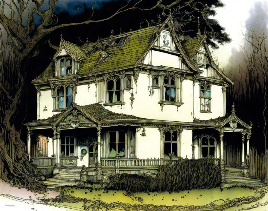 Illustration of eerie Victorian house in dark forest