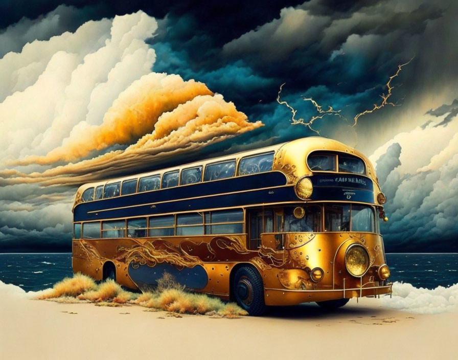 Vintage Golden Double-Decker Bus Under Dramatic Sky with Lightning