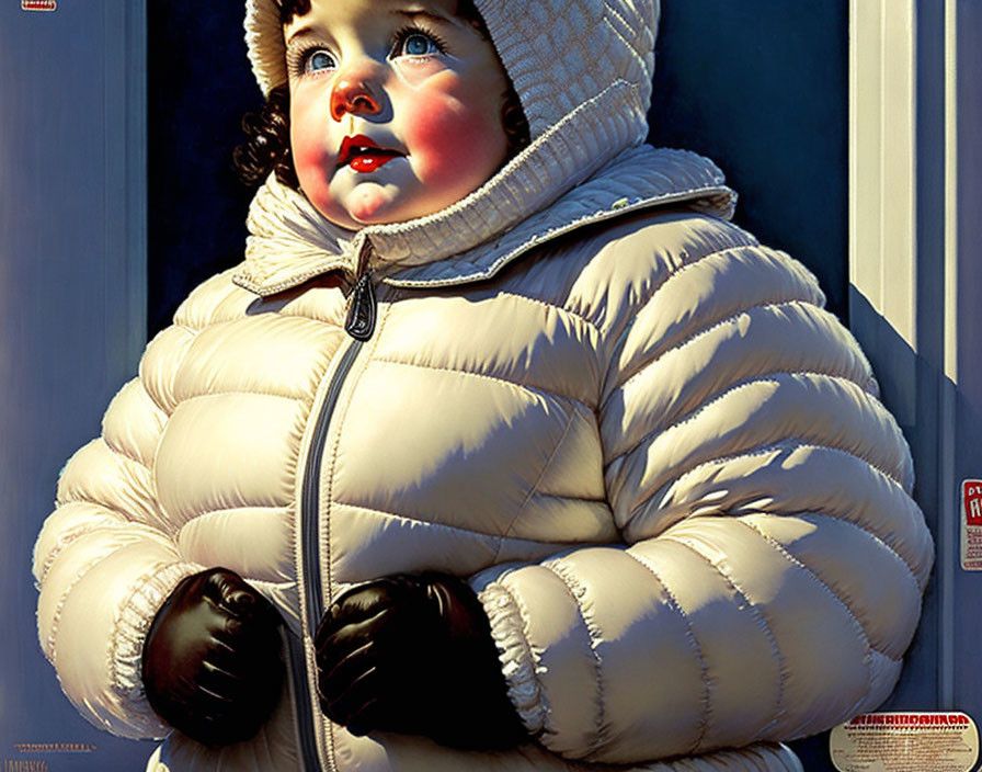 Rosy-cheeked toddler in white jacket and hat gazes to the side.