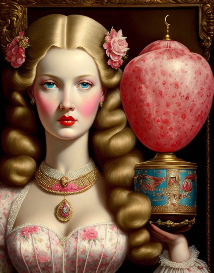 Portrait of Woman with Blonde Hair, Blue Eyes, Victorian Dress, and Fruit Balloon in Detailed Frame