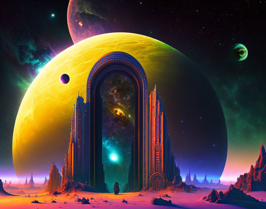 Colorful sci-fi landscape with celestial bodies, alien portal, nebulae, and starry sky