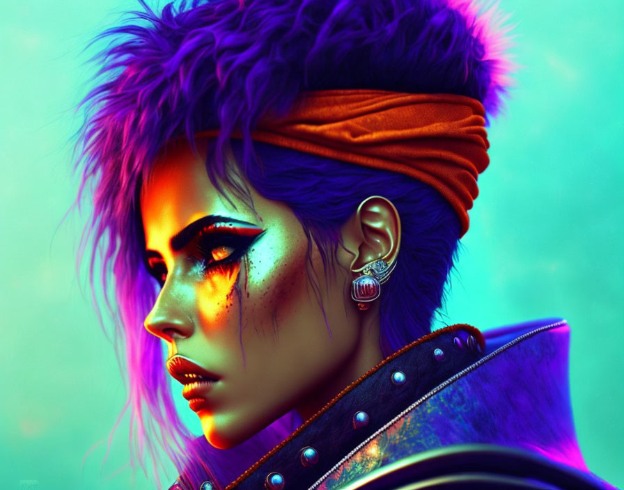 Colorful portrait of a person with purple hair and star makeup against vibrant background