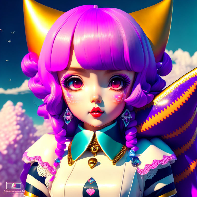 Colorful digital artwork: Stylized character with pink hair, expressive eyes, and fox ears in