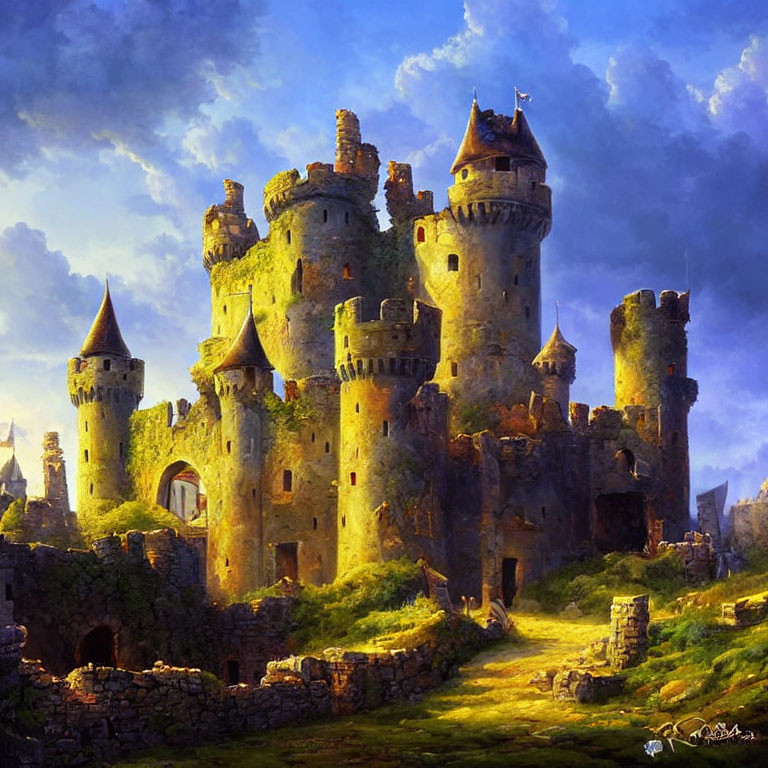 Medieval castle with towers and turrets in sunlight