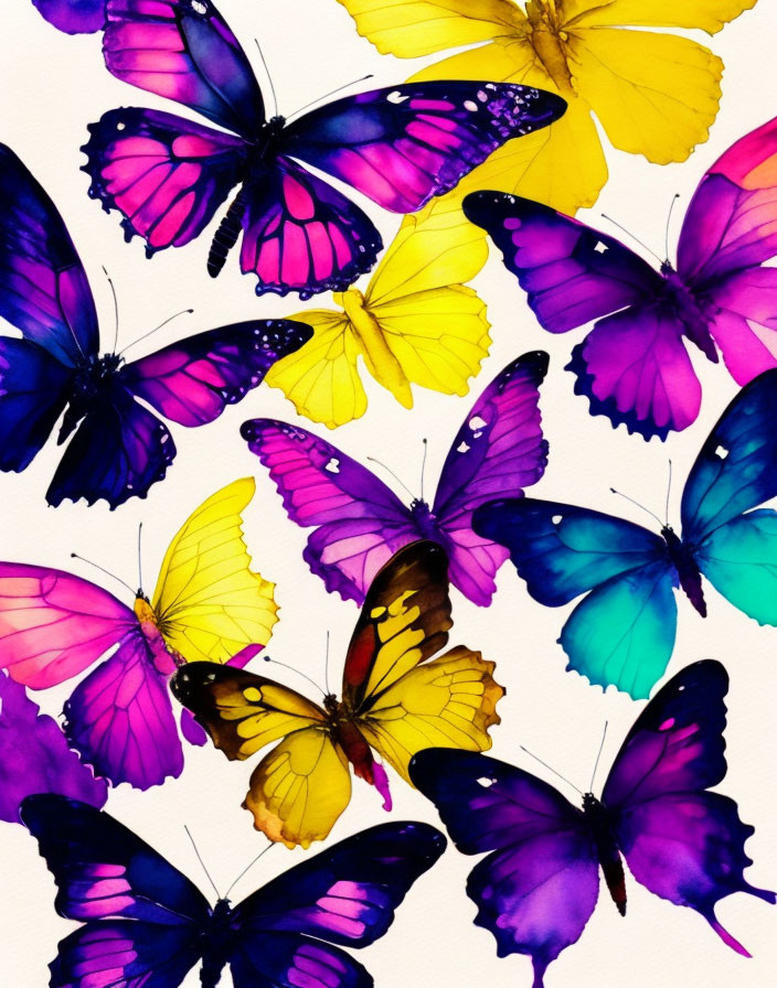 Colorful Butterfly Illustrations in Pink, Purple, Blue, and Yellow