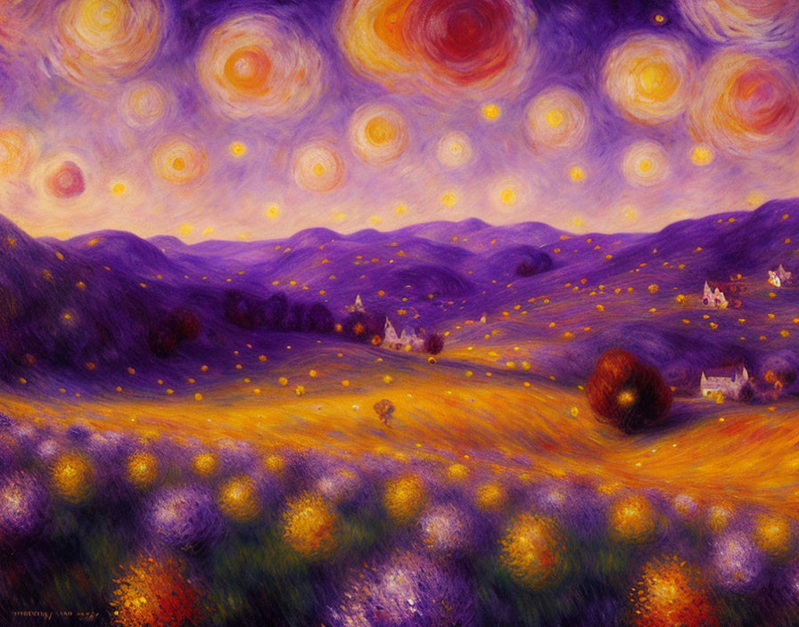 Colorful Starry Night Sky Painting Over Purple and Yellow Landscape