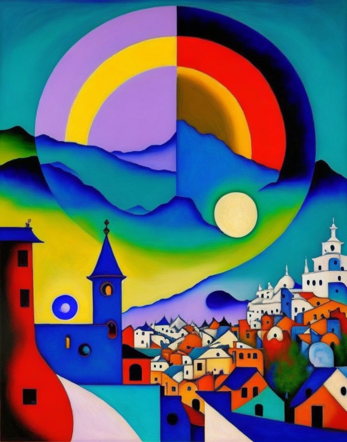 Colorful Abstract Painting of Village and Sunlit Sky