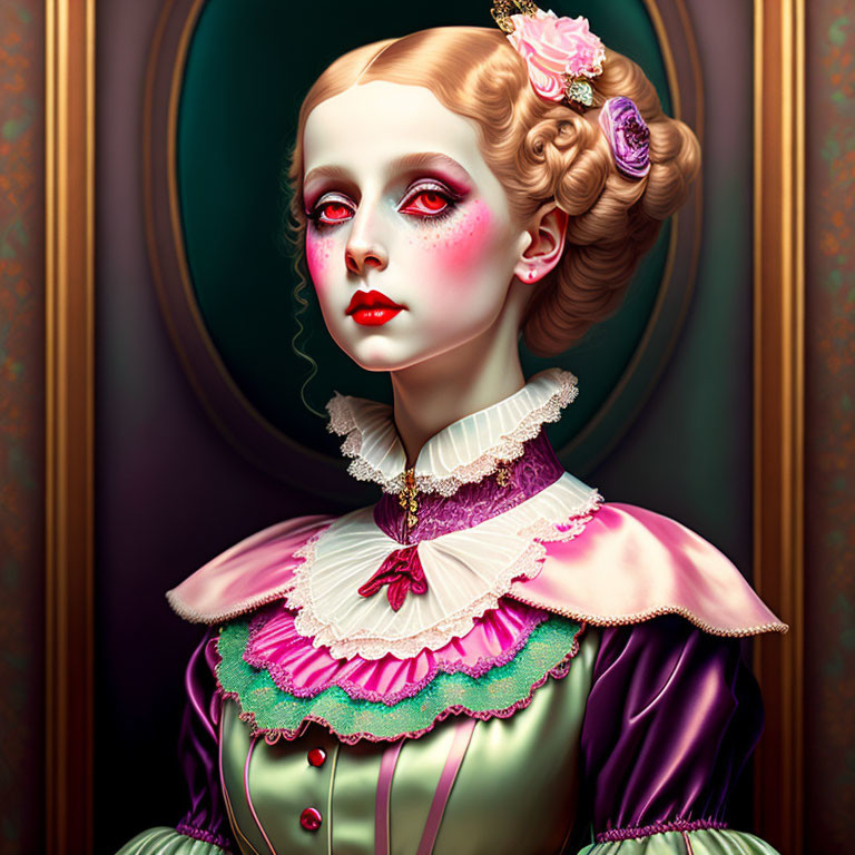 Victorian-style woman digital portrait in green dress with pink floral hairpiece