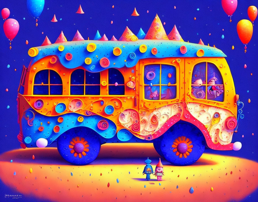 Colorful party bus with balloons and starlit sky scene.