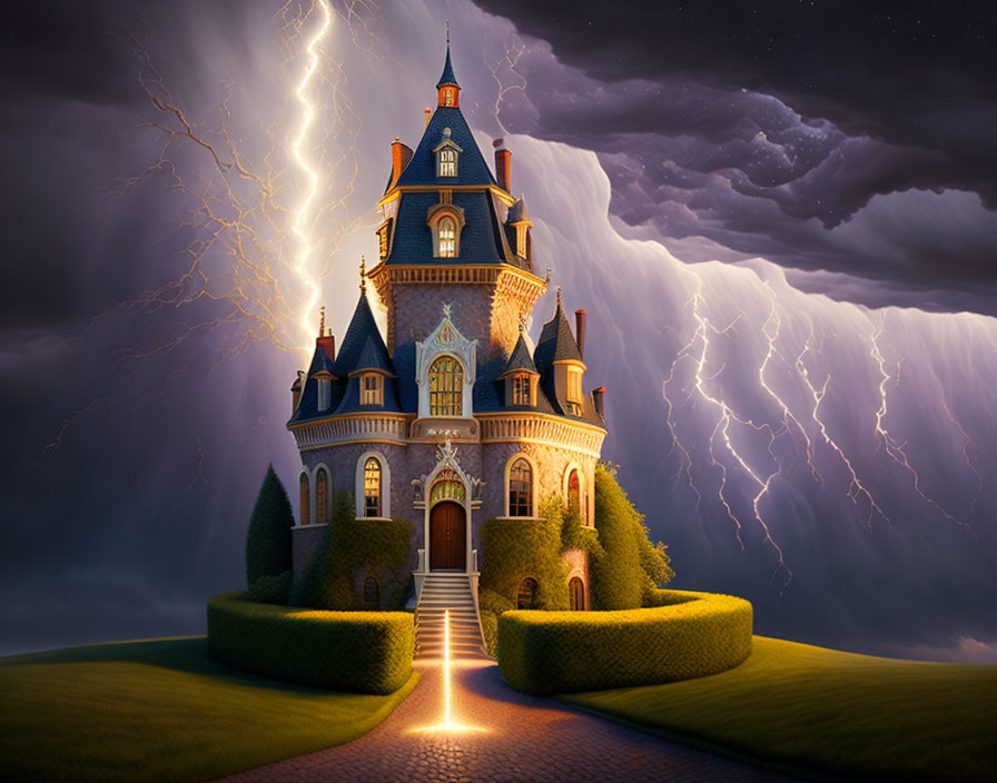 Majestic castle under stormy sky with lightning strikes