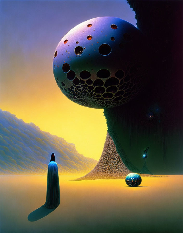 Surreal landscape with porous sphere, conical entity, small figure, and floating orb under gradient