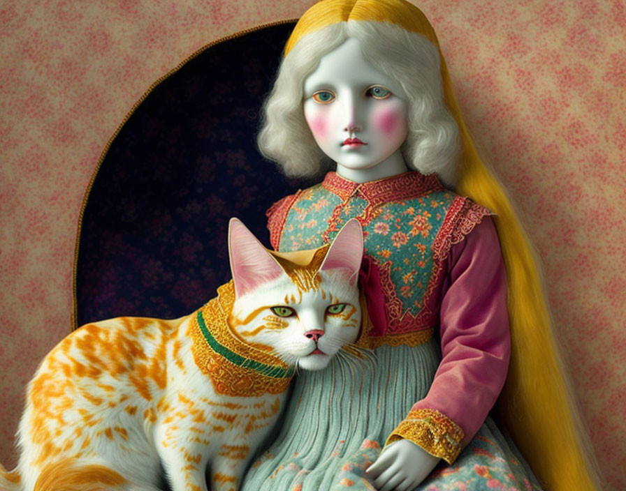 Surreal image of girl with oversized eyes and orange cat in vintage clothing