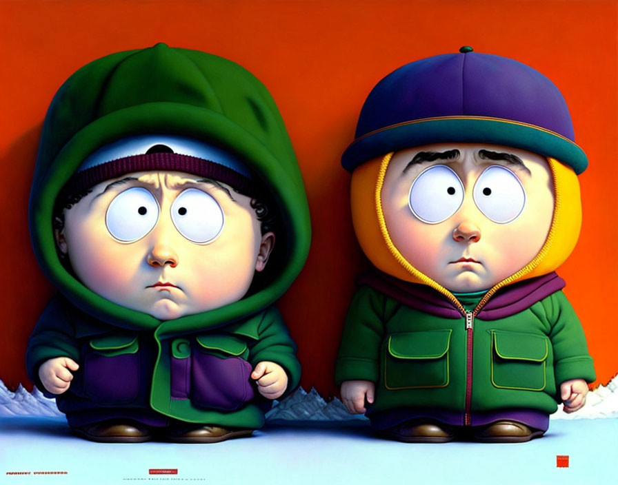 3D-animated characters in green hoodie and yellow jacket with surprised expressions