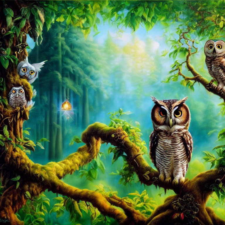 Three owls on moss-covered branches in a lush forest with soft sunlight.