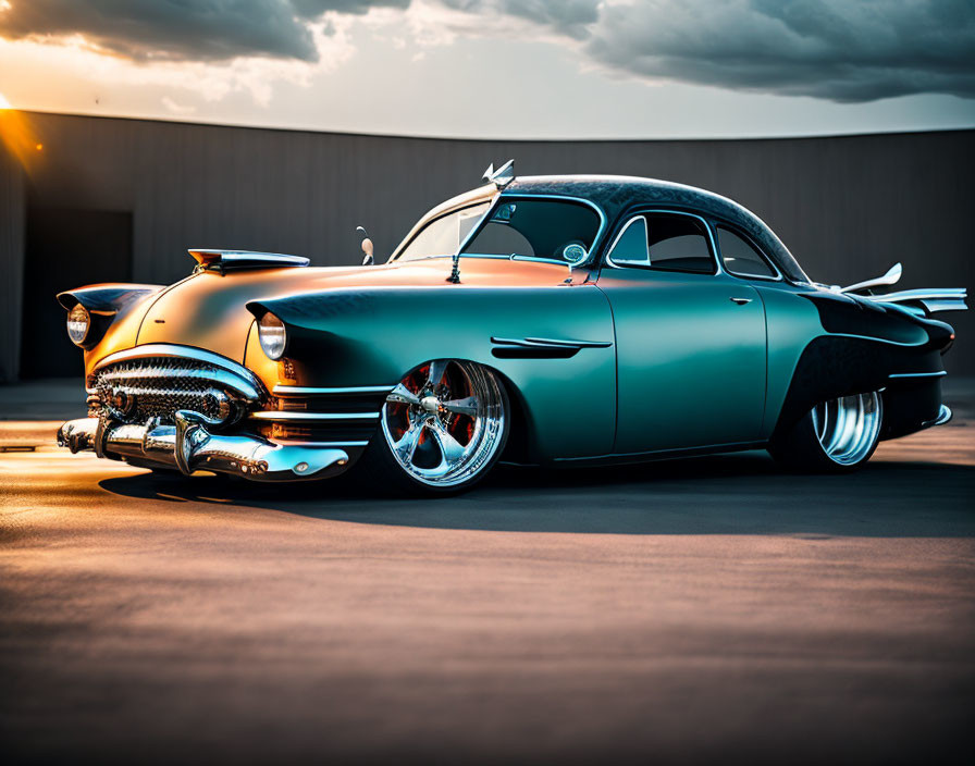 Vintage car with black paint, chrome details, and large rims under dramatic sunset sky