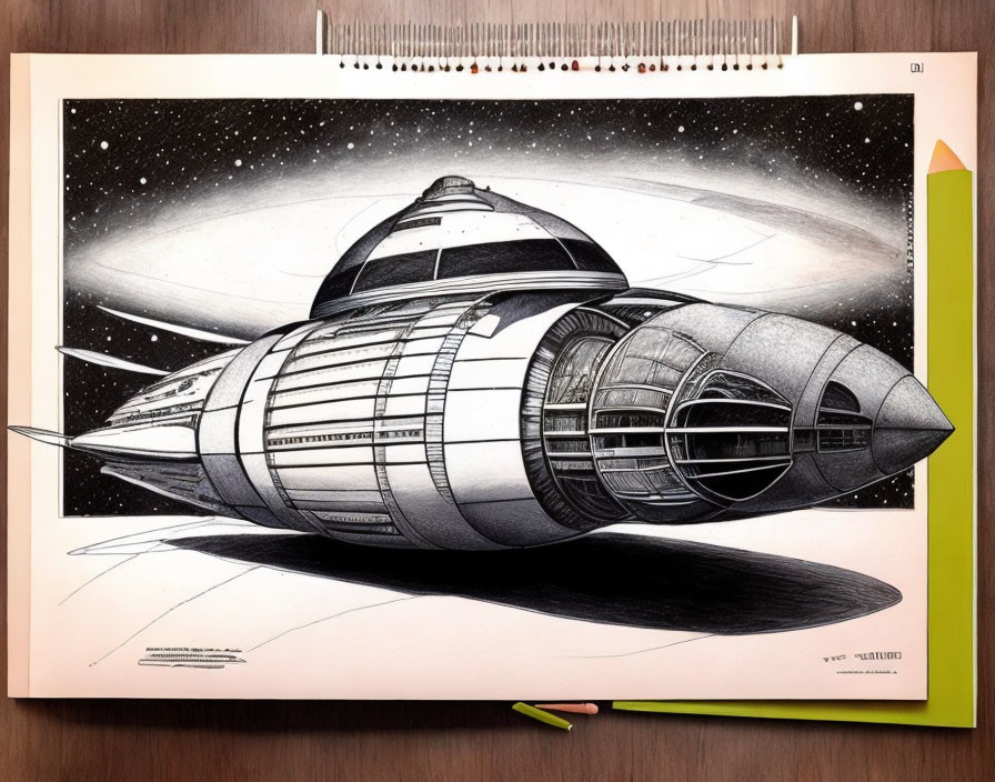 Detailed Black and White Futuristic Spaceship Sketch on Sketch Pad with Colored Pencils