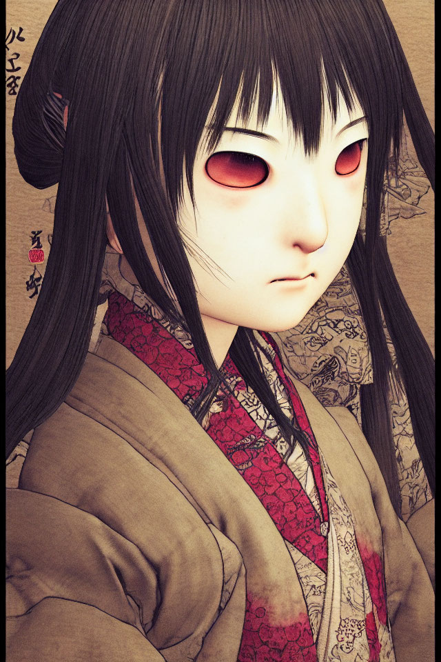 Character with pale skin, red eyes, black hair in Japanese attire.