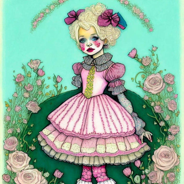 Doll-like character with bows in hair in pink dress among roses